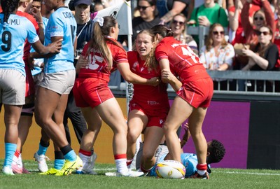 060925 - Wales v Fiji, Women’s Rugby World Cup - Carys Cox of Wales celebrates after she powers over to score the opening try