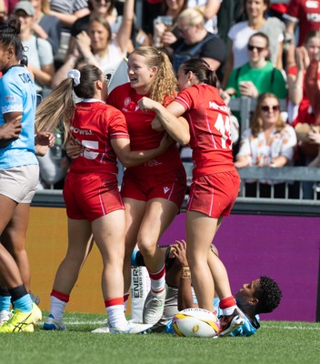 060925 - Wales v Fiji, Women’s Rugby World Cup - Carys Cox of Wales celebrates after she powers over to score the opening try