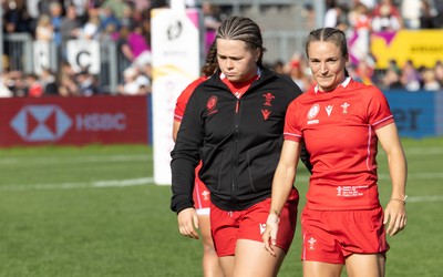 060925 - Wales v Fiji, Women’s Rugby World Cup - Maisie Davies of Wales and Jasmine Joyce-Butchers of Wales at the end of the match