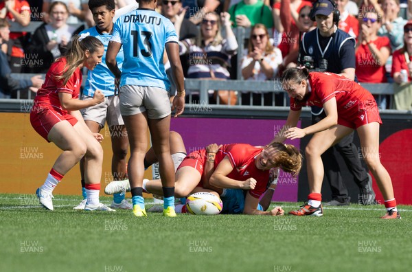 060925 - Wales v Fiji, Women’s Rugby World Cup - Carys Cox of Wales celebrates after she powers over to score the opening try