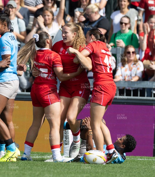 060925 - Wales v Fiji, Women’s Rugby World Cup - Carys Cox of Wales celebrates after she powers over to score the opening try