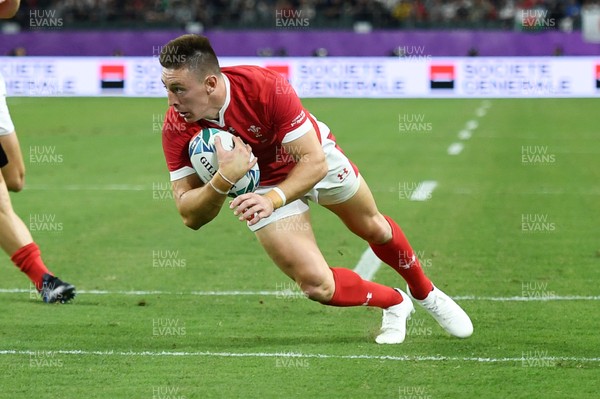 091019 - Wales v Fiji - Rugby World Cup - Pool D - Josh Adams of Wales dives over the score a try