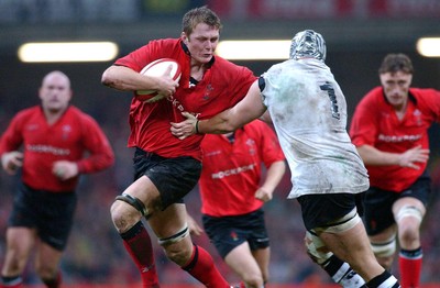 9-11-02. Wales v Fiji.  Wales' new cap Dafydd Jones holds off Richard Nyholt.  Picture: James Davies/