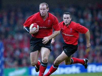 9-11-02. Wales v Fiji.  Wales' Gareth Thomas flies in to score with Rhys Williams in Support.  Picture: James Davies/