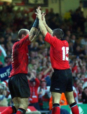 9-11-02 Wales v Fuj Gareth Thomas and Rhys Williams celebrate Gareth Thomas's try 