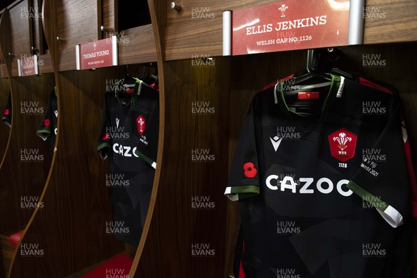 141121 - Wales v Fiji - Autumn Nations Series - Ellis Jenkins of Wales jersey hangs in the dressing room with a poppy embroidered
