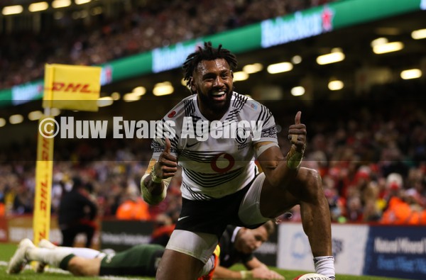 141121 - Wales v Fiji, Autumn Nations Series 2021 - Waisea Nayacalevu of Fiji celebrates after he dives in to score try