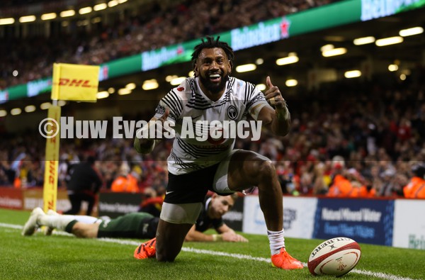 141121 - Wales v Fiji, Autumn Nations Series 2021 - Waisea Nayacalevu of Fiji celebrates after he dives in to score try