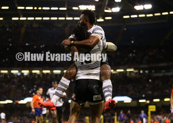 141121 - Wales v Fiji, Autumn Nations Series 2021 - Waisea Nayacalevu of Fiji celebrates with team mates after he dives in to score try