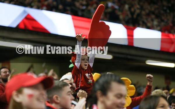 141121 - Wales v Fiji, Autumn Nations Series 2021 -  A young Wales fan celebrates a try