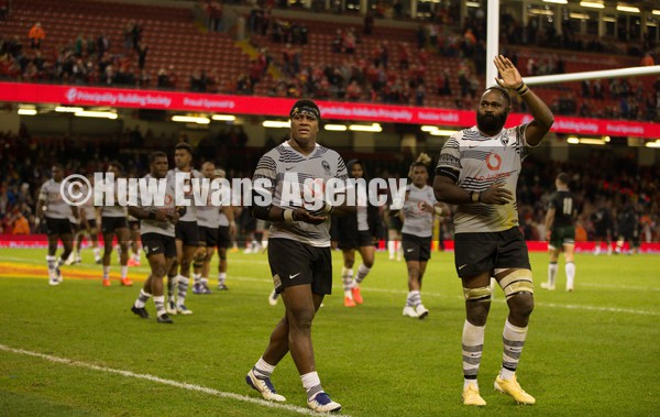 141121 - Wales v Fiji, Autumn Nations Series 2021 -  Fiji players applaud the fans at the end of the match