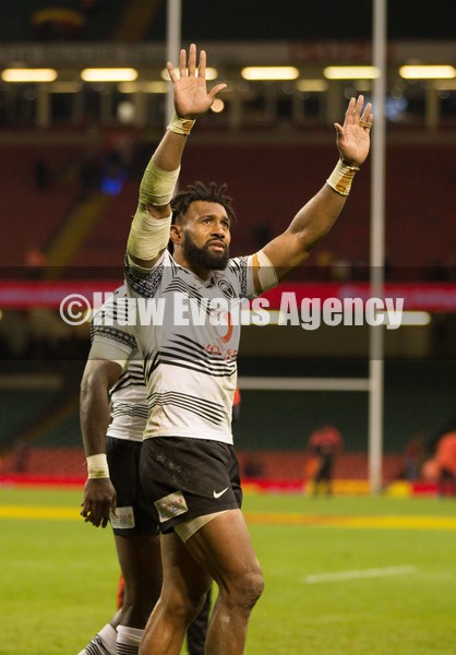 141121 - Wales v Fiji, Autumn Nations Series 2021 -  Fiji players applaud the fans at the end of the match