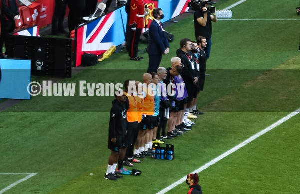 141121 - Wales v Fiji, Autumn Nations Series 2021 -  The squads and management line up for the anthems