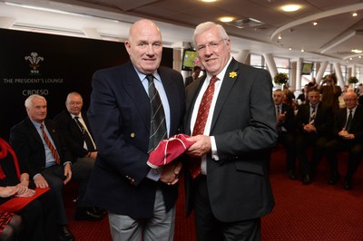 151114 - Wales v Fiji - Dove Men Series -Norman Rees receives a WRU president cap from WRU President Dennis Gethin