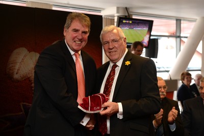 151114 - Wales v Fiji - Dove Men Series -Christopher Webber receives a WRU president cap from WRU President Dennis Gethin