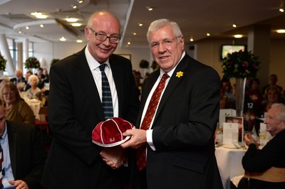 151114 - Wales v Fiji - Dove Men Series -Gareth Jones receives a WRU president cap from WRU President Dennis Gethin