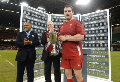 151114 - Wales v Fiji - Dove Men Series -Gethin Jenkins of Wales with the winners trophy at the end of the game