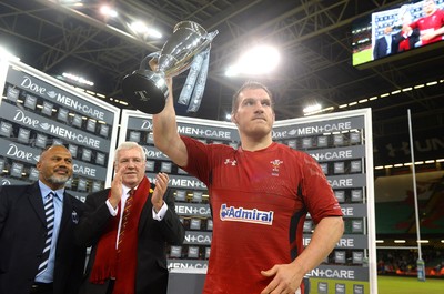 151114 - Wales v Fiji - Dove Men Series -Gethin Jenkins of Wales with the winners trophy at the end of the game