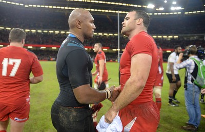 151114 - Wales v Fiji - Dove Men Series -Nemani Nadalo of Fiji and Jamie Roberts of Wales at the end of the game