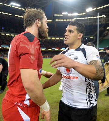 151114 - Wales v Fiji - Dove Men Series -Alun Wyn Jones of Wales and Josh Matavesi of Fiji at the end of the game