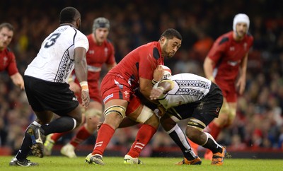 151114 - Wales v Fiji - Dove Men Series -Taulupe Faletau of Wales is tackled by Leone Nakarawa of Fiji