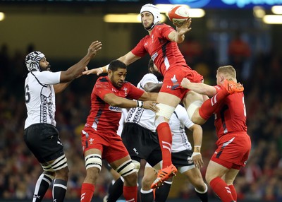 151114 -  Wales v Fiji, Dove Men Series 2014, Cardiff - Luke Charteris of Wales looks to win the high ball