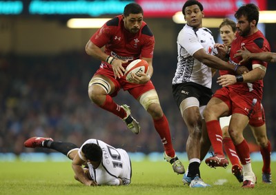 151114 -  Wales v Fiji, Dove Men Series 2014, Cardiff - Taulupe Faletau of Wales charges through the Fijian defence