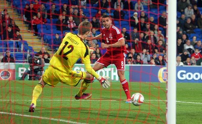 161113 - Wales vs Finland - International Friendly Hal Kanu-Robson goes close to scoring with a header(c) Huw Evans Agency