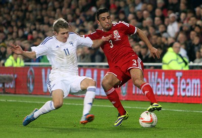 161113 - Wales vs Finland - International Friendly Neil Taylor of Wales and Riku Riski of Finland(c) Huw Evans Agency