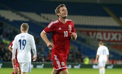161113 - Wales vs Finland - International Friendly Andy King celebrates scoring for Wales(c) Huw Evans Agency