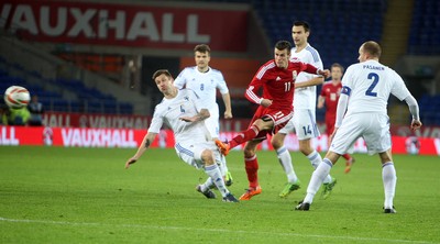 161113 - Wales vs Finland - International Friendly Gareth Bale fires in a shot at goal(c) Huw Evans Agency