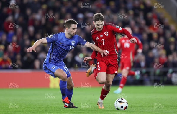 210324 - Wales v Finland, Euro 2024 qualifying play-off semi-final - David Brooks of Wales gets past Miro Tenho of Finland