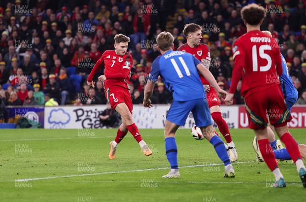 210324 - Wales v Finland, Euro 2024 qualifying play-off semi-final - David Brooks of Wales sets up the scores the third Wales goal for Brennan Johnson of Wales