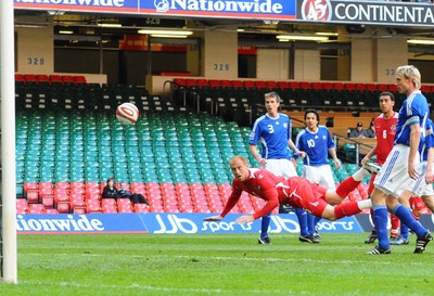 28.03.09 - Wales v Finland, FIFA World Cup 2010 Qualifying Group 4 -  Wales' James Collins heads towards goal only to see his effort saved 