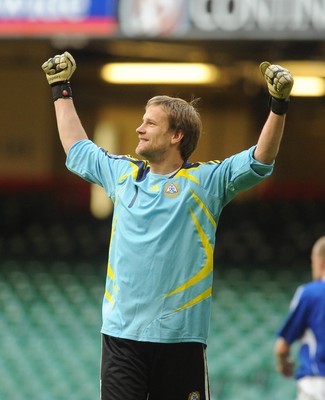 28.03.09 - Wales v Finland, FIFA World Cup 2010 Qualifying Group 4 -  Finland 'keeper Jussi Jaaskelainen celebrates his sides win 