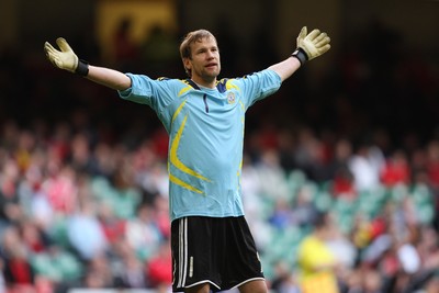28.03.09 - Wales v Finland, FIFA World Cup 2010 Qualifying Group 4 -  Finland's keeper Jussi Jaaskelainen celebrates at the end of the match 