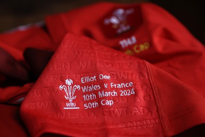 100324 - Wales v France - Guinness 6 Nations Championship - Elliot Dee of Wales 50th cap jersey