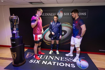 100324 - Wales v France - Guinness 6 Nations Championship - Dafydd Jenkins of Wales and Gregory Alldritt of France with Referee Luke Pearce during the coin toss