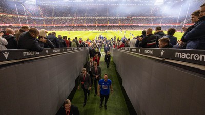 100324 - Wales v France Guinness 6 Nations - Craig Maxwell after he delivers the match ball out at the Principality Stadium after completing his around Wales Walk for Cancer Research