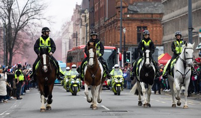 100324 - Wales v France Guinness 6 Nations - Police horses escort the Welsh team coach to the stadium