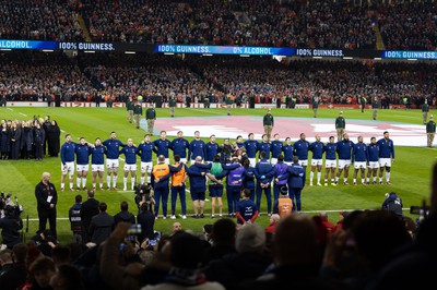 100324 - Wales v France Guinness 6 Nations - The French team line up for the anthems at the start of the match