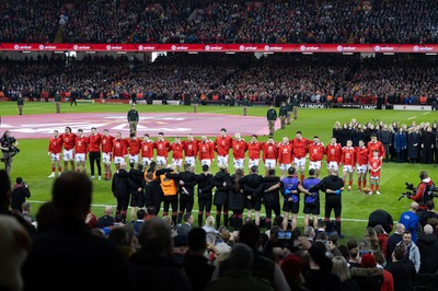 100324 - Wales v France Guinness 6 Nations - The Welsh team line up for the anthems at the start of the match