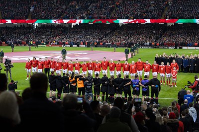 100324 - Wales v France Guinness 6 Nations - The Welsh team line up for the anthems at the start of the match