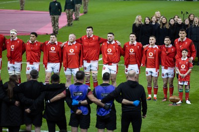 100324 - Wales v France Guinness 6 Nations - The Welsh team line up for the anthems at the start of the match