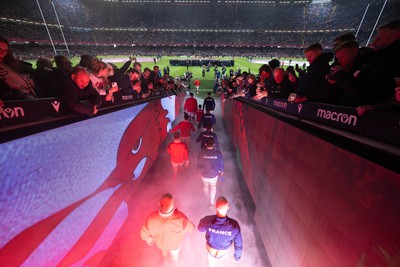 100324 - Wales v France Guinness 6 Nations - The teams walk out at the Principality Stadium at the start of the match