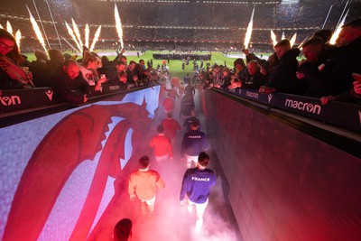 100324 - Wales v France Guinness 6 Nations - The teams walk out at the Principality Stadium at the start of the match