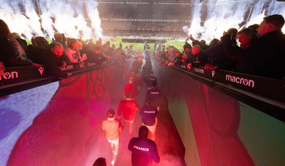 100324 - Wales v France Guinness 6 Nations - The teams walk out at the Principality Stadium at the start of the match