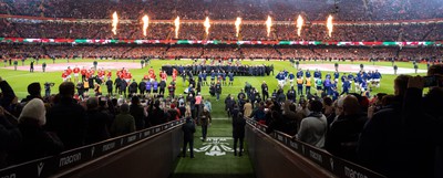 100324 - Wales v France Guinness 6 Nations - The teams line up for the anthems  at the Principality Stadium at the start of the match