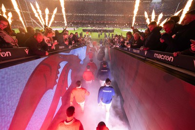 100324 - Wales v France Guinness 6 Nations - The teams walk out at the Principality Stadium at the start of the match