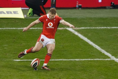 100324 - Wales v France - Guinness Six Nations - Sam Costelow of Wales kicks a conversion